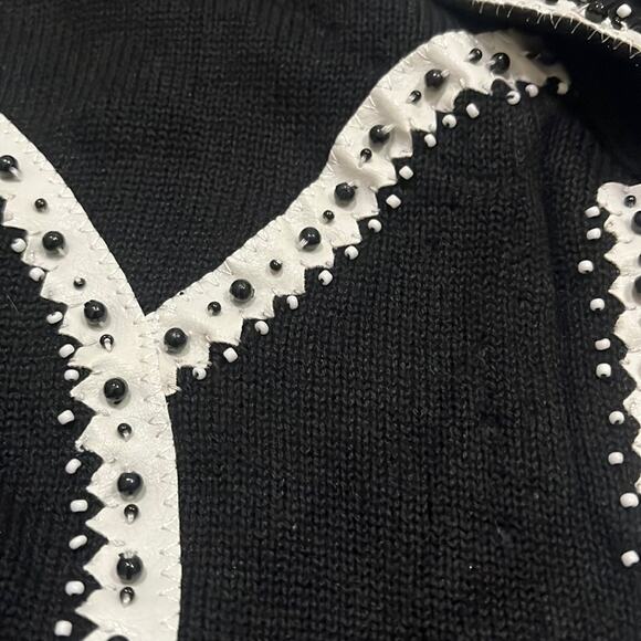 Vintage Knit Cardigan Sweater Black Large Beaded Vegan Leather Trim Satin - Picture 11 of 16